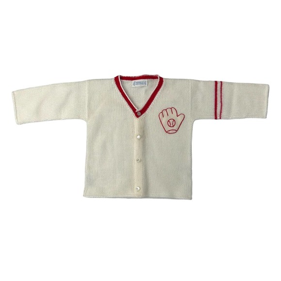 Vintage Hand Loomed Boys Baseball Mitt Acrylic Cardigan Sweater FLAW - Picture 1 of 4